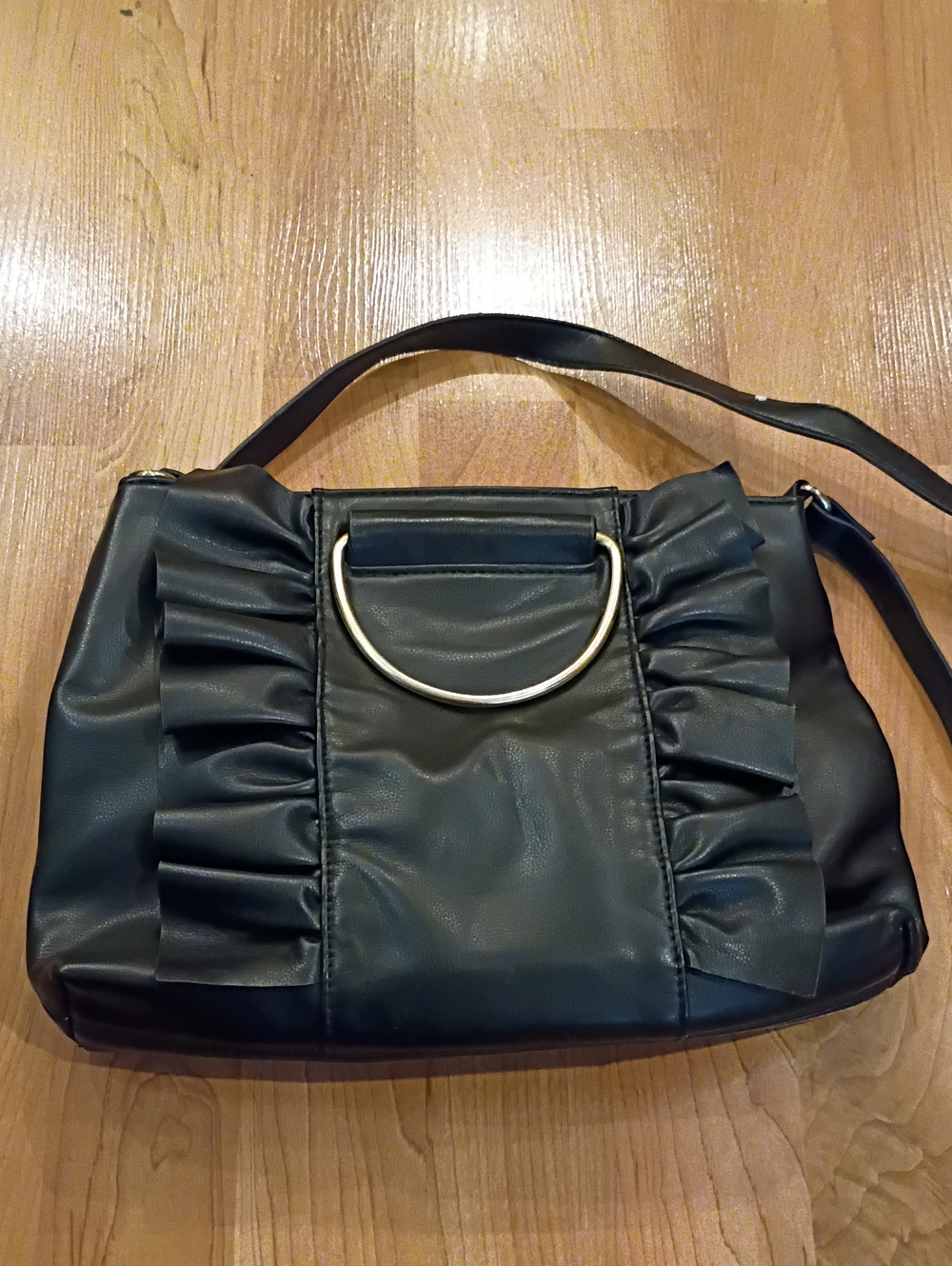 Black Ruffle Shoulder Bag with Gold Ring Accent